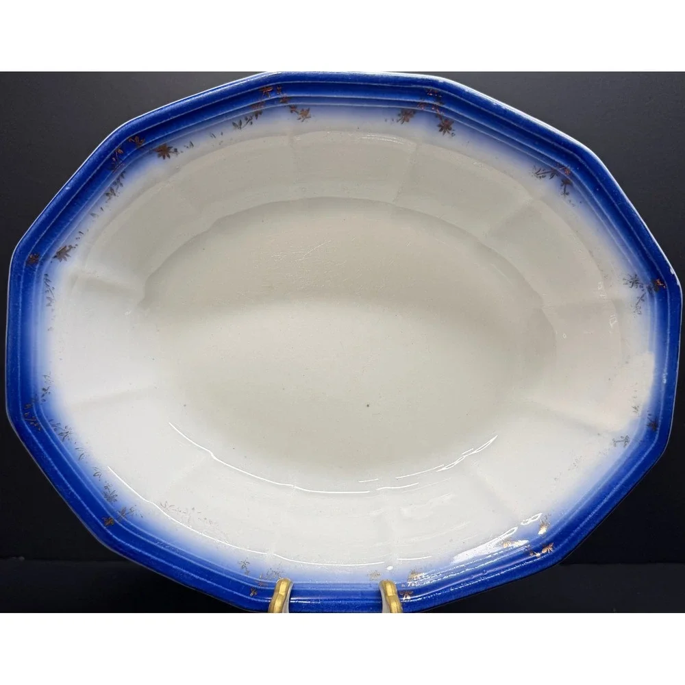 Antique Flow Blue Ironstone Oval‎ Serving Bowl Gold Floral Gilt Scalloped Rim